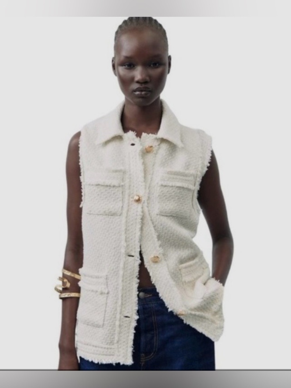 Zara, Off White Cream Sleeveless Button-Front Vest Jacket, Size Small